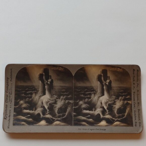 ANTIQUE Stereograph Card Rock of Ages - The Rescue Keystone View Company - Picture 1 of 4